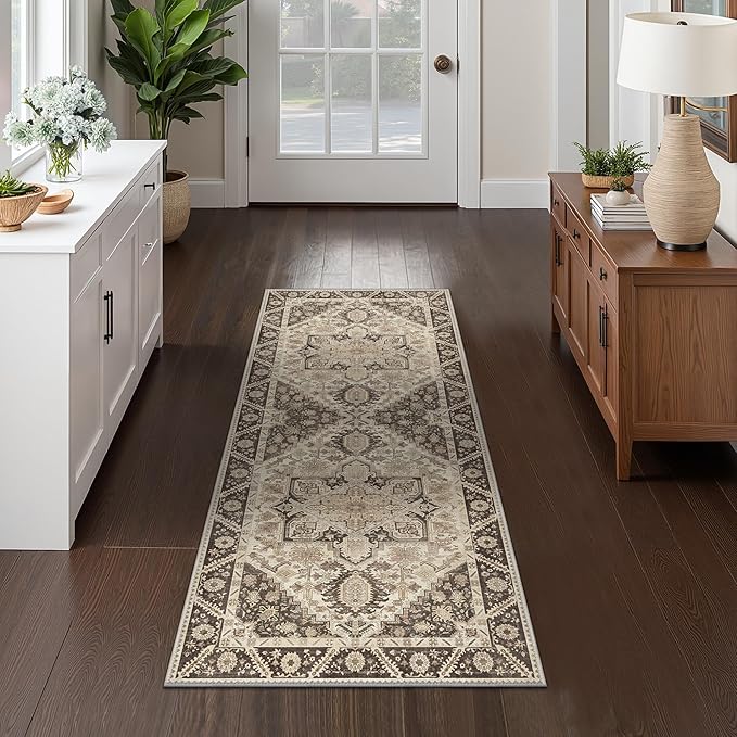 2x5 Runner Rug Machine Washable Boho Runners for Hallway,Ultra-Thin Low Pile Rug,Lightweight Indoor Carpet,Non Slip Floral Runners for Enrtyway, Corridor, Home Office, Kitchen,Brown