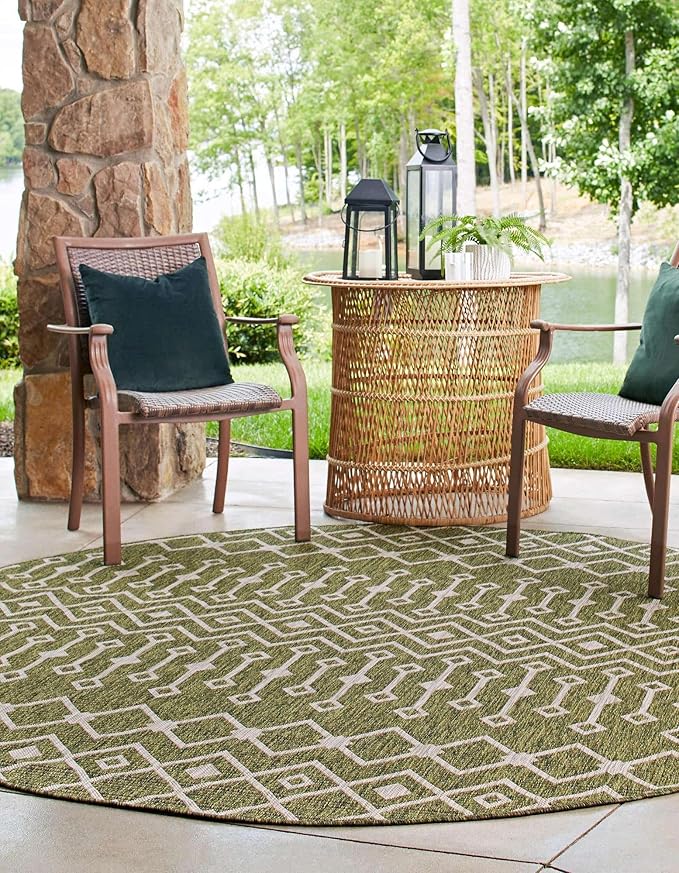Unique Loom Outdoor Trellis Collection Area Rug - Tribal Trellis (13' Round, Green/ Natural)