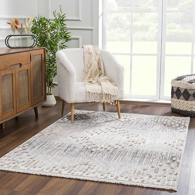 Hauteloom Poydras Farmhouse Living Room Bedroom Modern Moroccan Area Rug - Soft Shaggy High Low Carpet - High Pile - Bohemian, Boho - Gray, Beige, Cream - 6'7" x 9'