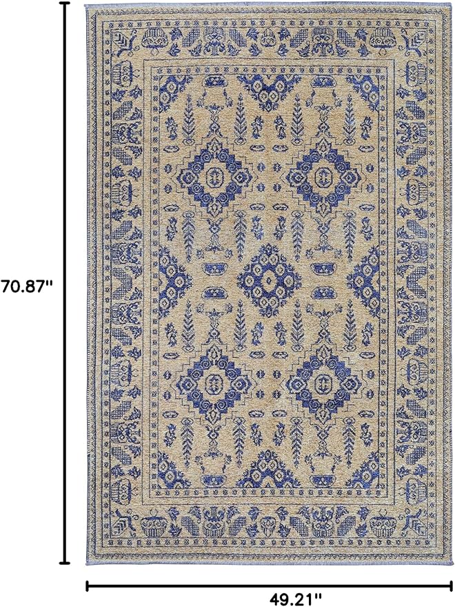 Alfa Rich 4x6 Gold Navy Blue Washable Area Rugs for Living Room Bedroom Kitchen Dining Cotton Rug