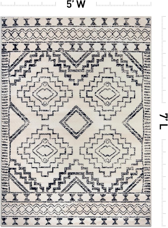 Rugshop Cream and Black Southwestern Tribal Area Rug – Boho Geometric Diamond Pattern Carpet for Living Room, Bedroom, or Entryway – Soft Modern Rustic Floor Décor 5' x 7' Cream