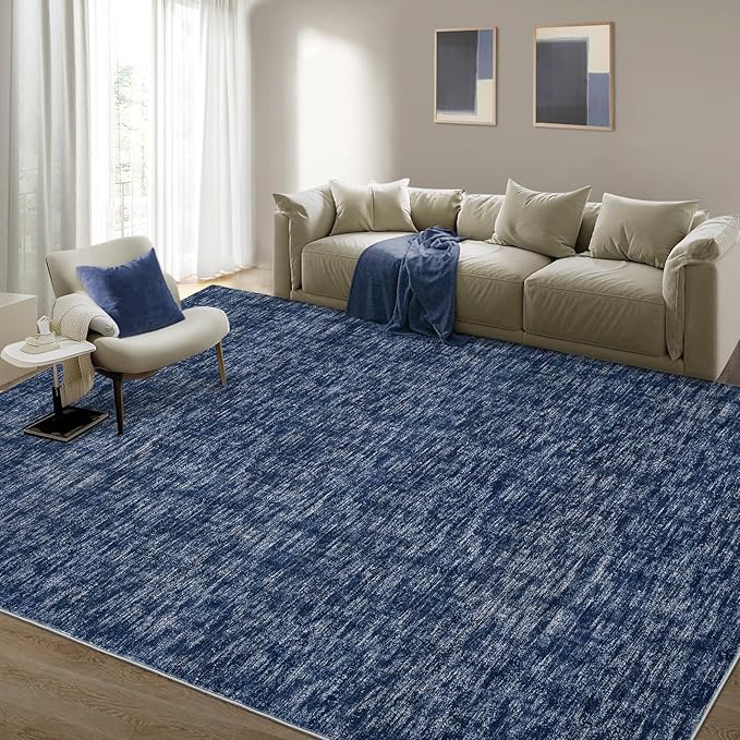 RUGSREAL Washable Area Rug for Bedroom 5x7 Contemporary Dining Room Throw Rug Low-Pile Solid Modern Rug Non-Slip Stain Resistant Home Office Solid Rug for Living Room Bedroom Kids Room, 5' x 7' Blue