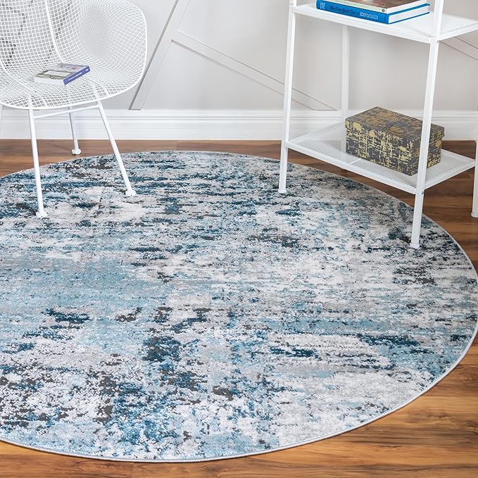 Rugs.com Leipzig Collection Rug – 8 Ft Round Blue Low-Pile Rug Perfect for Kitchens, Dining Rooms