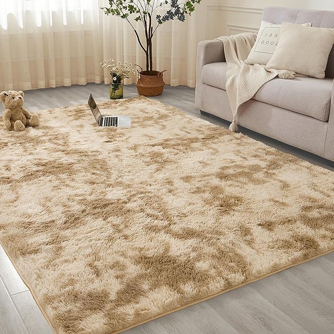 Andency 8x10 Area Rugs for Living Room, Upgrade Non-Slip Fluffy Soft Large Shag Bedroom Carpet, Tie-Dyed Khaki Big Indoor Thick Nursery Rug for Kids Dorm Home Decor Aesthetic