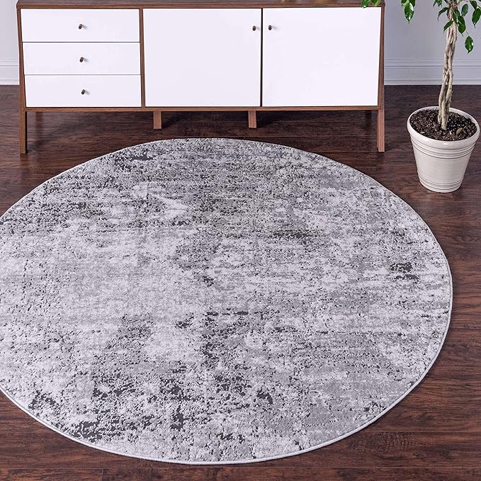 Rugs.com Leipzig Collection Round Rug – 3 Ft Round Grey Low-Pile Rug Perfect for Kitchens, Dining Rooms
