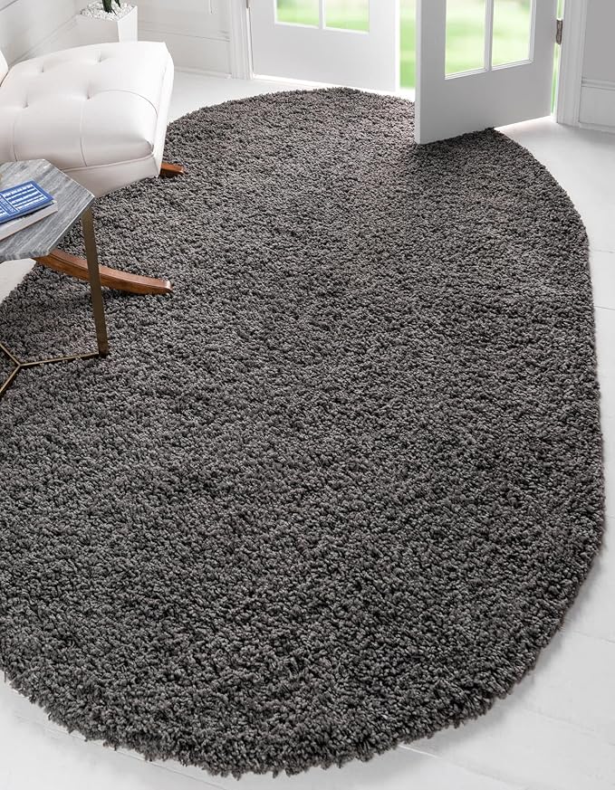 Unique Loom Solid Shag Collection Area Rug (7' 10" x 10' Oval, Graphite Gray)