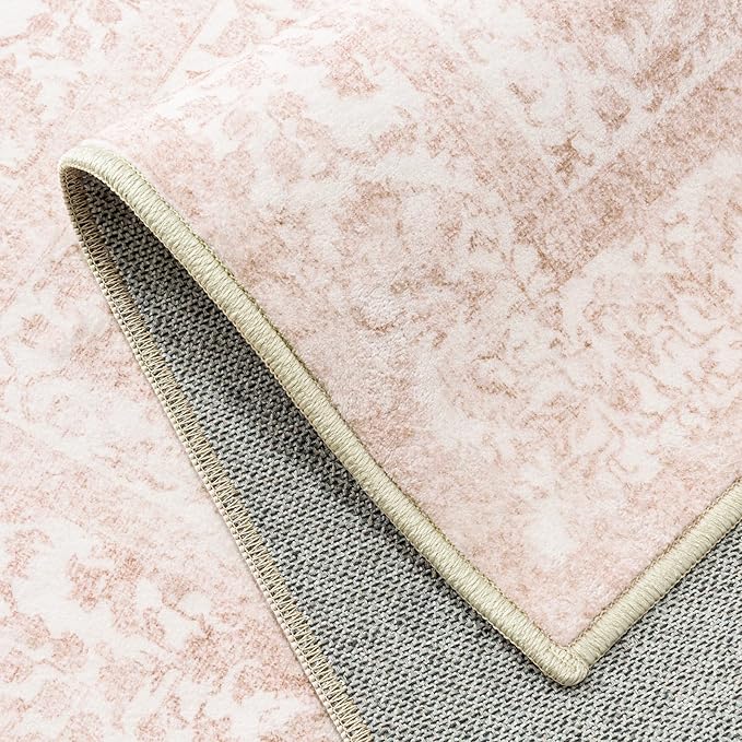 Pink Area Rug 8x10 Machine Washable Large Vintage Living Room Distressed Non Slip Carpet Traditional Indoor Bedroom Retro Floral Accent Throw Rug for Office Kitchen Dining Room