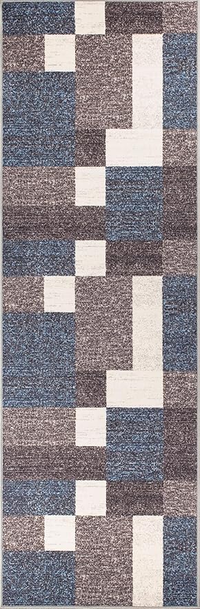 Rugshop Contemporary Modern Boxes Design Non-Slip (Non-Skid) Carpet for Hallway,Kitchen,Entryway Runner Rug 2'7" x 12' Blue