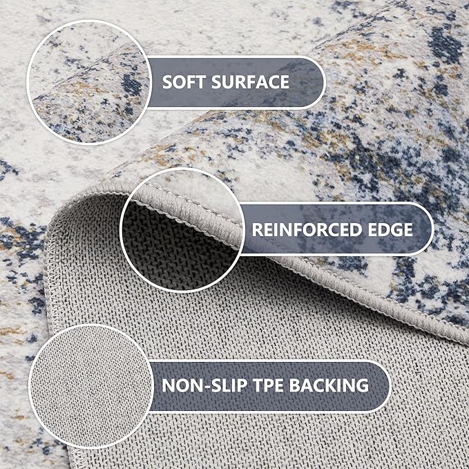 6x9 Washable Area Rugs - Modern Abstract Rugs for Living Room Non-Slip Low Pile Soft Machine Washable Carpet for Bedroom, Dining Room, Nursery, Home Office, Farmhouse (6'x9' Beige Blue)