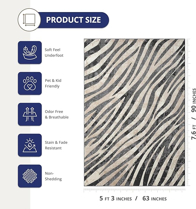 Abani Terra Area Rug for Living Room, Bedroom - Zebra Pattern - Black Cream - 5' x 8' - Durable & Easy to Clean