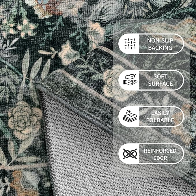 Washable Runner Rug 2x12: Vintage Boho Floral Carpet Runners for Hallway Entryway Non-Slip - Soft Botanical Low Pile Thin Mat for Kitchen Bathroom Bedroom Laundry Floor Decor - Dark Green