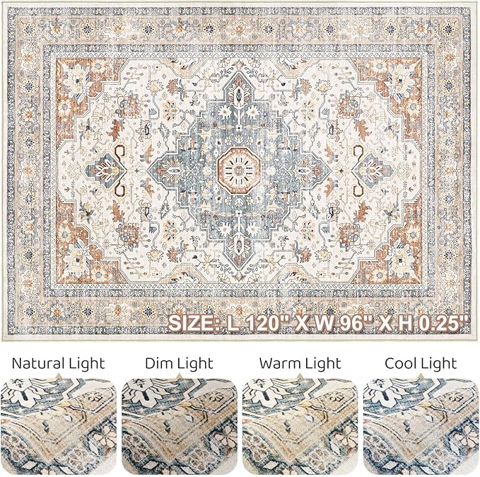 8x10 Area Rugs Living Room: Washable Boho Large Neutral Vintage Soft Rug Stain Resistant Distressed Farmhouse Non-Slip Indoor Floor Carpet for Bedroom Nursery Kids Office Dining Room- Beige Blue