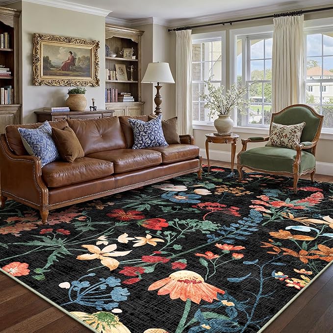Black Area Rug 6x9 Floral Washable Living Room Kitchen Boho Carpet Non Slip Low Pile Indoor Accent Lightweight Soft Throw Rug for Bedroom Office Dining Room Nursery Farmhouse