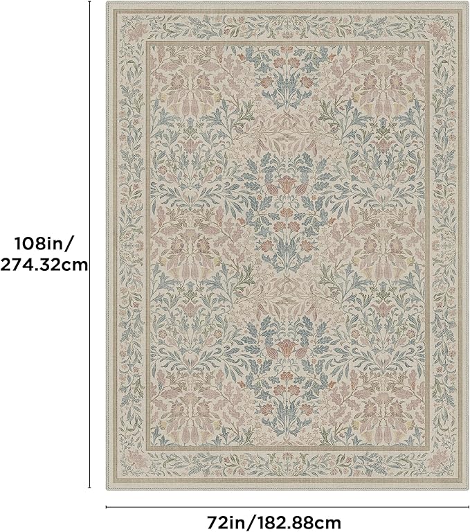 Bavni Floral Beige Pink Area Rugs 6x9, Vintage Boho Carpet Machine Washable, Non Slip Soft Low Pile Thin Rug for Bedroom, Living Room, Dining Room, Nursery