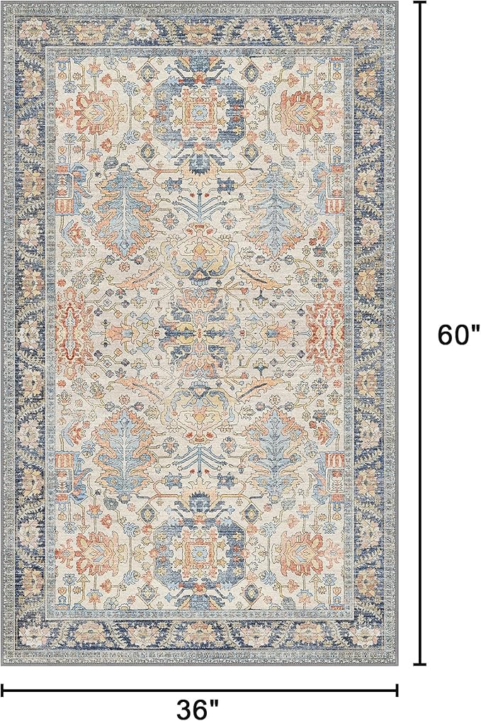 Bavni Area Rug 3x5, Non-Slip Washable Rugs for Living Room Office, Boho Distressed Printed Rug, Low Pile Foldable Decorative Carpet for Bedroom Kitchen Office, Teal/Multi