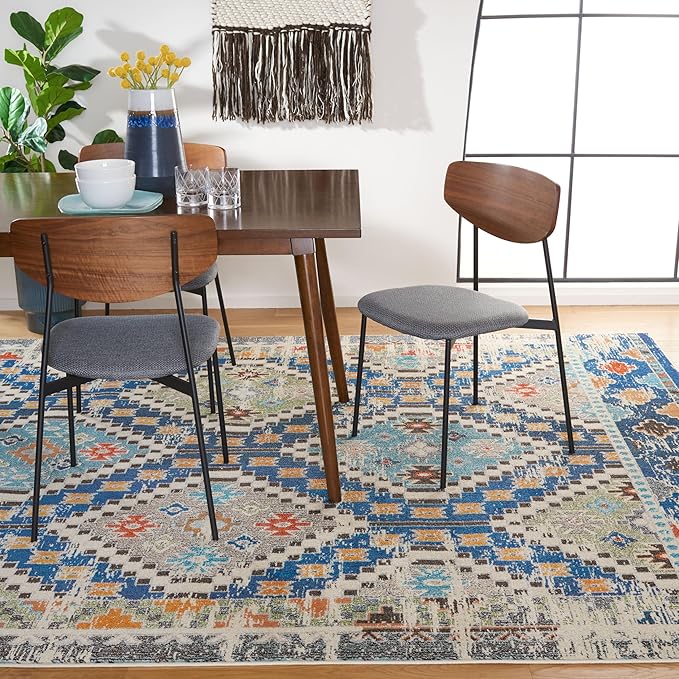 SAFAVIEH Madison Collection Area Rug - 10' x 14', Navy & Beige, Boho Diamond Distressed Design, Non-Shedding & Easy Care, Ideal for High Traffic Areas in Living Room, Bedroom (MAD418M)