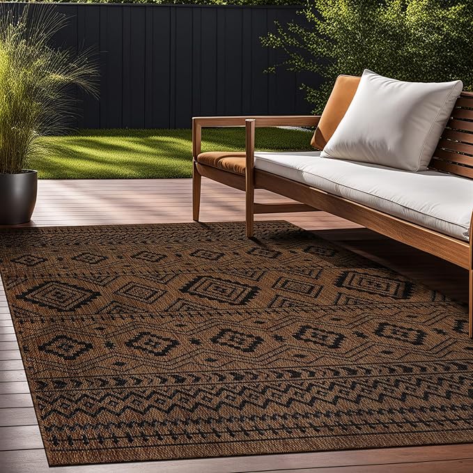 Beverly Rug Waikiki Boho Indoor Outdoor Rug 6x9, Washable Outside Carpet for Patio, Deck, Porch, Bohemian Area Rug, Farmhouse Rugs, Aztec Tribal Rug, Nut Brown and Black
