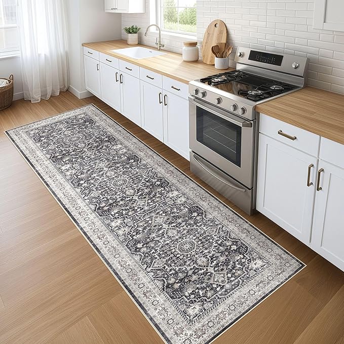 Runner Rug Kitchen Washable Rugs: 3x8 Non-Slip Boho Vintage Distressed Stain Resistant Indoor Floor Moody Oriental Throw Carpet for Hallway Bathroom Laundry Room Entryway Bedroom- Black