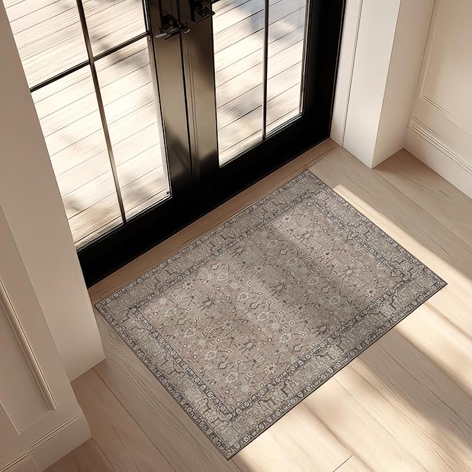Kuden 3x5 Small Rug, Machine Washable, Non-Slip Backing, Vintage Style, Soft, Low Pile, Area Rugs for Entryway Kitchen Indoor Entrance