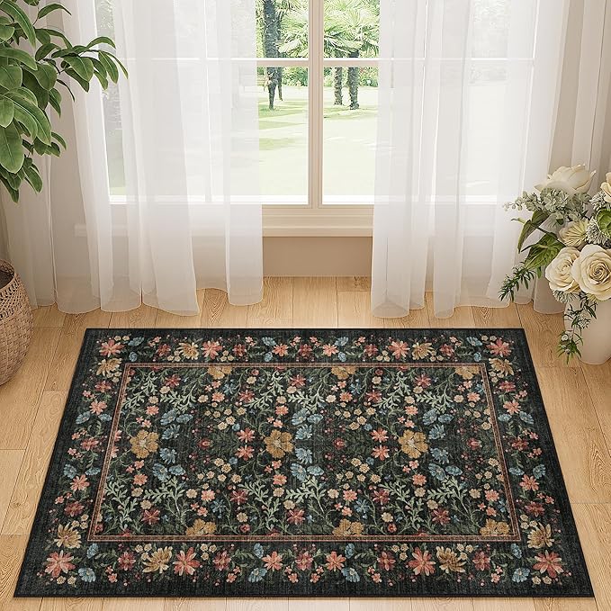 DUKINO 2x3 Entryway Rug, Floral Washable Area Rug with Non Slip Indoor Door Mat, Vintage Low Pile Small Front Door Throw Carpet for Kitchen, Entrance, Bathroom, Bedroom, Black