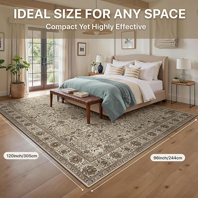 Bavni Washable Rugs 8x10-Machine Washable Rug Lightweight Low Pile, Vintage Floral Rug Non-Shedding Distressed Throw Carpet for Living Room Bedroom Office, Dark Espresso