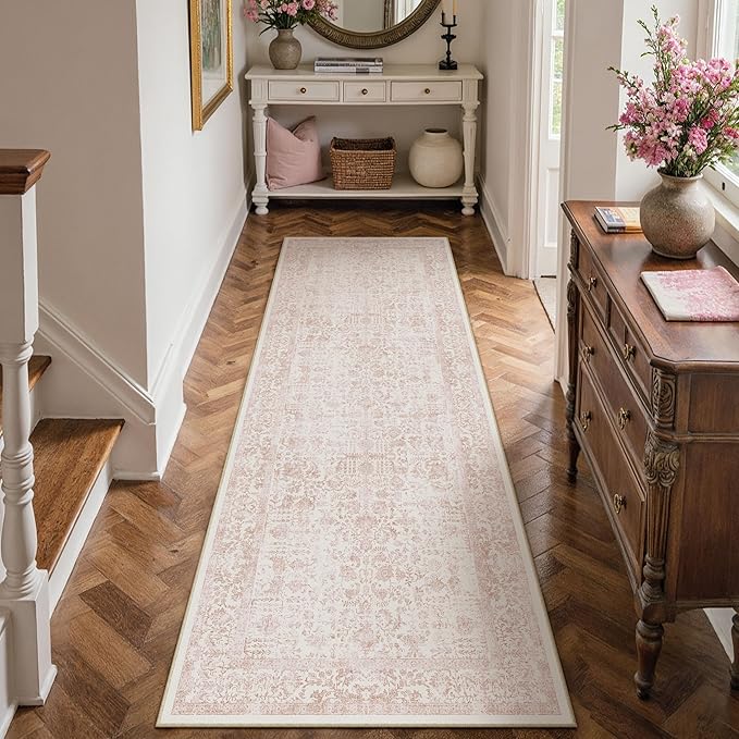 Pink Runner Rug 2x7 Hallway Machine Washable Kitchen Vintage Distressed Non Slip Long Carpet Indoor Retro Floral Bedroom Accent Throw Rug for Bathroom Office Laundry Dining Room