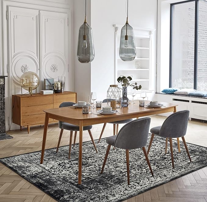 vivorug 8x10 Area Rugs, Stain Resistant Washable Rug for Living Room, Vintage-Inspired Black and White Rug