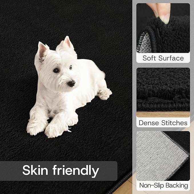 Solid Washable Area Rug - 8x10 Medium Pile Faux Cashmere Carpet for Living Room Bedroom, Black