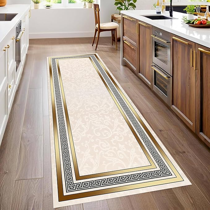 Classic Bohemian Hallway Rugs, 2x7ft, Western Retro Greek Key Beige Fade Resistant Hall Rug, Washable Kitchen Low-Pile Floor Carpet Runners for Bathroom Laundry
