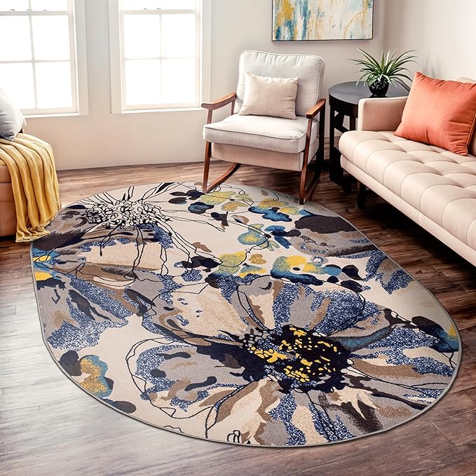 Rugshop Cream Bright Flowers Non Slip Non-Shedding Oval Area Rug for Dining Room, Living Room and Bedroom, 5' x 7'