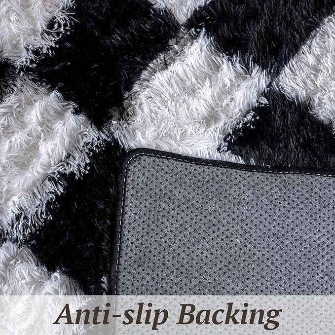 4x6 Area Rugs for Living Room Bedroom, Soft Fluffy Shaggy Bedside Rug, Indoor Floor Carpet for Kids Playroom, Dorms, Nursery Rooms, Home Decor (Black & White 4'x6')