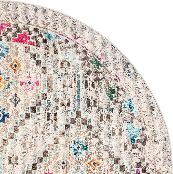 SAFAVIEH Madison Collection Area Rug - 6'7" Round, Grey & Yellow, Boho Diamond Distressed Design, Non-Shedding & Easy Care, Ideal for High Traffic Areas in Living Room, Bedroom (MAD418F)