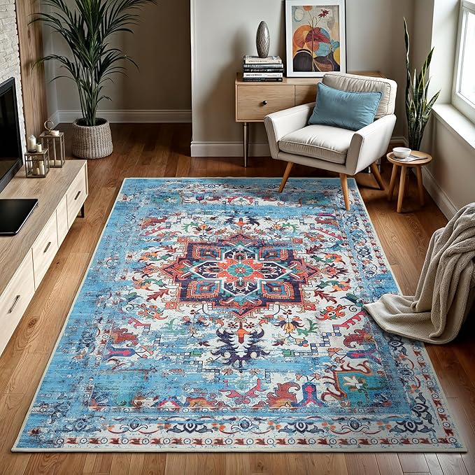 GLN Rugs Traditional Collection - Machine Washable Area Rug, Traditional Washable, Non Slip, Low Pile Chenille Rug, Living Room, Bedroom, Kitchen Rug (8' x 10' Blue/Multicolor)