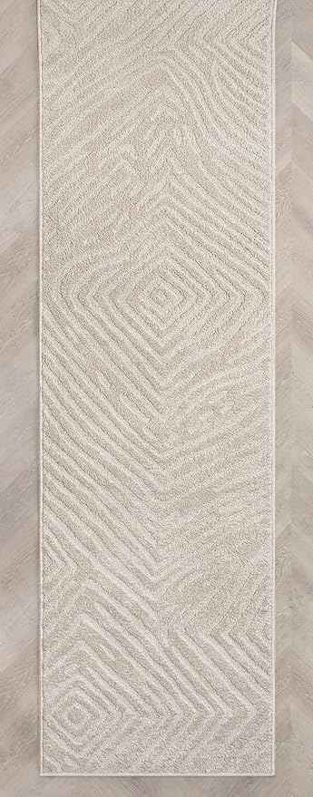 Well Woven Custom Size Hallway Stair Runner - Choose Your Length - 27 Inches Wide x 70 Feet Long Runner (27" x 70' Runner) Rug - Ivory Relajo Soft Touch, Modern Geometric - Hi-Lo Pile