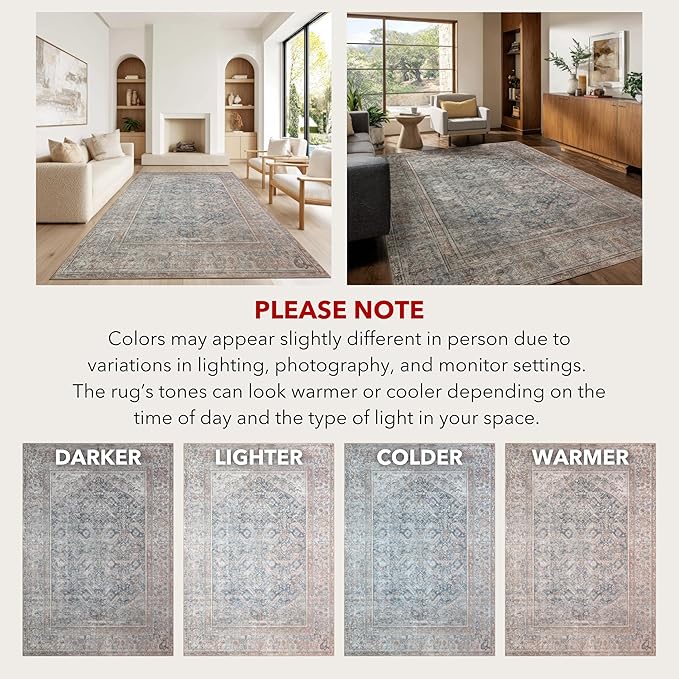 Kuden 6x9 Area Rug, Machine Washable Area Rug with Non-Slip Backing, Vintage Style, Soft, Easy Clean, Low Pile Rug for Living Room, Bedroom, Dining Room