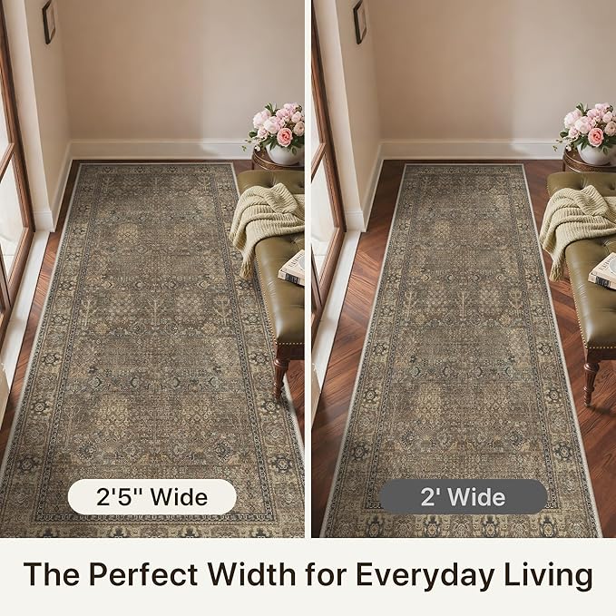 Bavni 2'6''x6 Rug Runners for Hallways, Washable Runner Rug Non Slip, Vintage Floral Print Style Rugs for Bedroom-Lightweight Low Pile Carpet for Hallways Bathroom, Brown