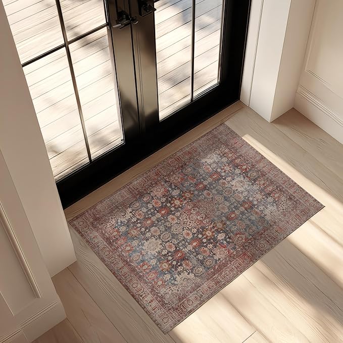 Kuden 3x5 Small Rug, Machine Washable, Non-Slip Backing, Vintage Style, Soft, Low Pile, Area Rugs for Entryway Kitchen Indoor Entrance