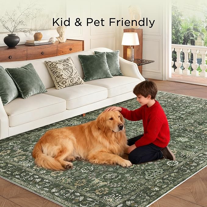5X7 Area Rugs for Living Room, Soft Rugs Green Washable Rug, Indoor Vintage Rugs for Bedroom Home Office Laundry, Rubber Backed Non Slip Low Pile Carpet, Dark Olive Green