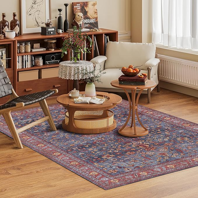 Washable Area Rug 8' x 10' Vintage Traditional Persian Mat - Foldable Distressed Non-Slip Machine Washable Carpet for Living Room Bedroom Kitchen Home Decor - Indigo and Crimson
