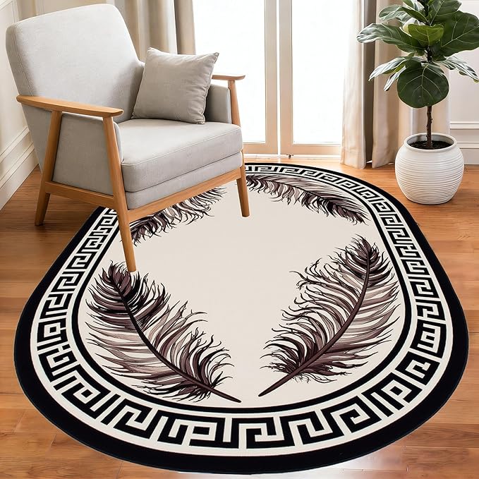 Light Beige Tan Black Greek Key Pattern Bordered Large Rugs for Living Room Bedroom Dining Room Machine Washable Non Skid Soft Area Rug 5x8 Nursery Dorm Guestroom Minimalist Oval Floor Mats Carpet