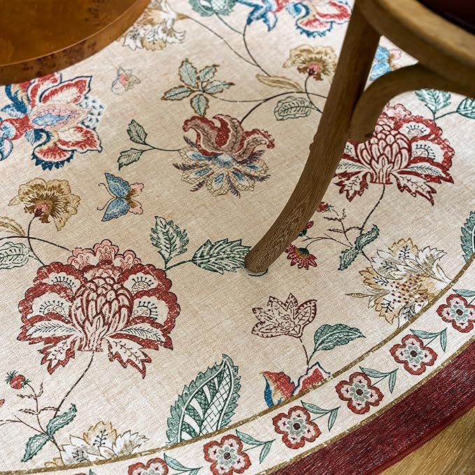jinchan Elora 7ft Floral Round Rug for Dining Room Washable Living Room Rug Vintage Romance Design Non Slip Indoor Floor Cover Lightweight Low-Profile Throw Carpet for Bedroom Porch Patio, Red/Beige