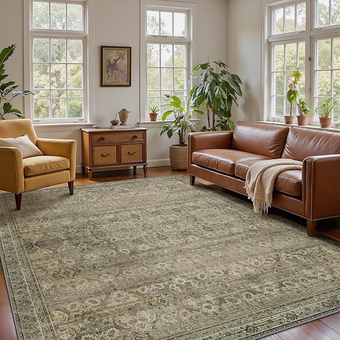 8x10 Area Rug Machine Washable Boho Rug for Living Room,Ultra-Thin Low Pile Carpet,Lightweight Indoor Printed Rug,Non Slip Floral Area Rug for Bedroom, Dining Room, Home Office,Sage