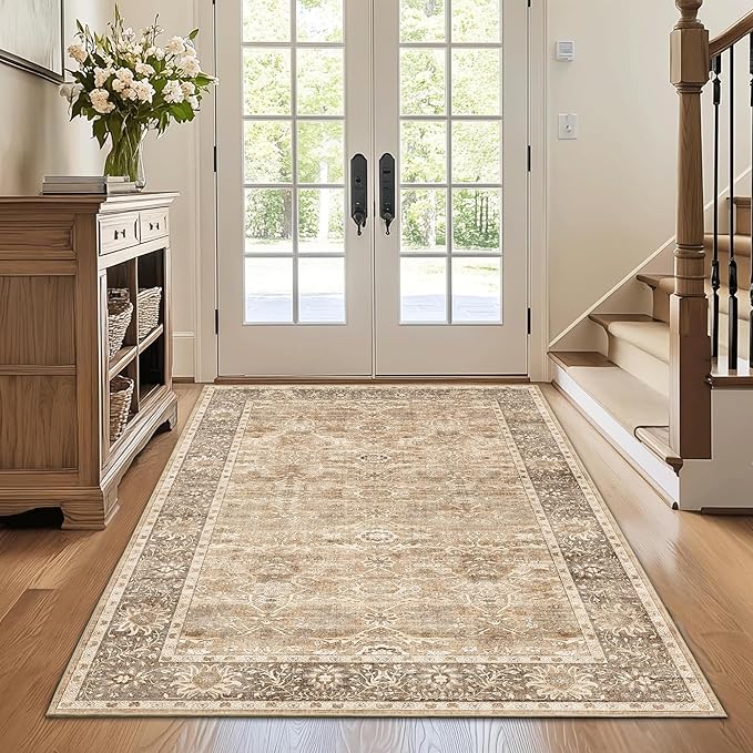 3x5 Washable Area Rug for Living Room Bedroom Dining Room Non-Slip Low Pile Boho Vintage Distressed Entryway Rug Traditional Floral Retro Accent Throw Carpet for Dining Room Bathroom Kitchen Beige