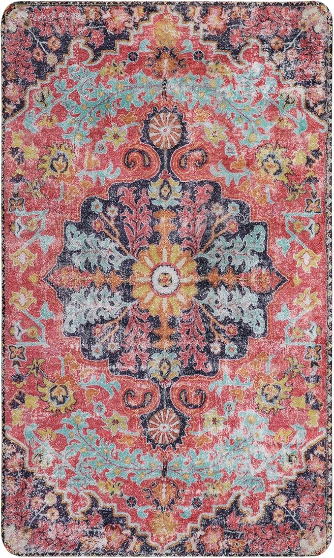 Lahome Bohemian Floral Medallion Area Rug - 3x5 Hot Pink Rug for Girls Room Front Entry Mat, Non-Slip Machine Washable Soft Throw Carpet for Bathroom Apartment Entrance Laundry, Fuchsia/Multi