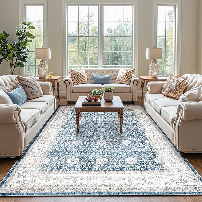 jinchan Floral 8x10 Area Rug for Living Room Machine Washable Vintage Distressed Boho Design Throw Rug Stain Resistant Carpet Low-Pile Thin Non-Slip for Bedroom Dining Room Nursery (8‘x10', Dark Blue)
