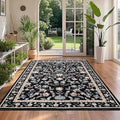 GarveeHome Floral Rug 4 x 6, Non-Shedding Indoor Foldable Printed Rug for Bedroom Kitchen, Non-Slip Soft Vintage Throw Low Pile Farmhouse Washable Carpet, Black