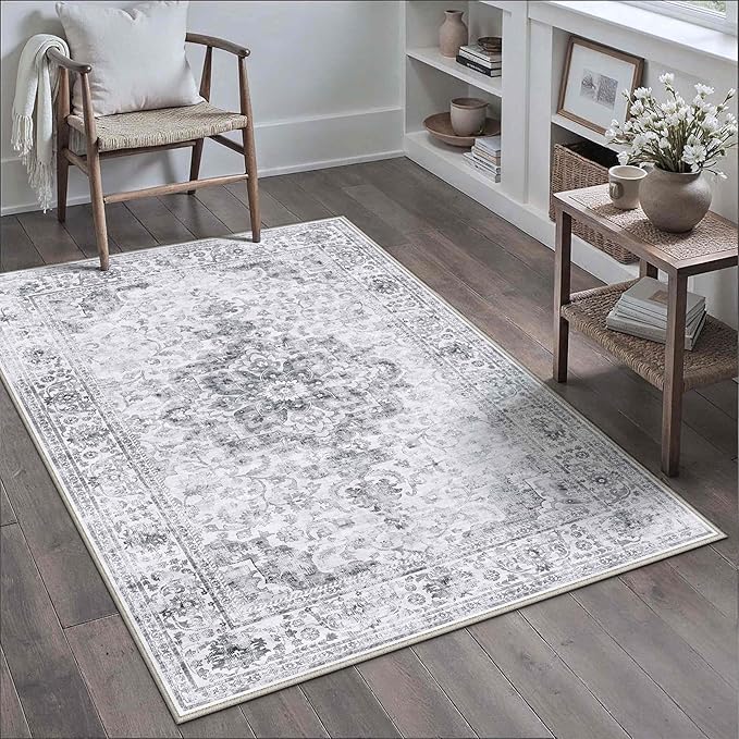 HUGEAR Washable 3x5 Area Rugs Retro Grey Living Room Bedroom Rug Vintage Distressed Non Slip Stain Resistant Low Pile Neutral Throw Carpet for Home Decor