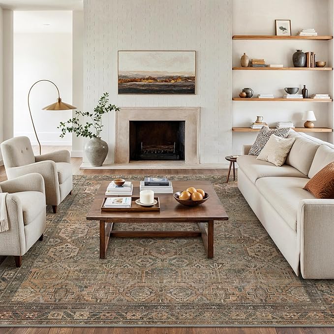Bavni Washable Rug 9x12 Area Rug for Living Room Bedroom Dining, Washable Vintage Print Carpet, Ultra-Thin Chenille Low Pile Lightweight Rug with Non Slip Backing, Warm Taupe