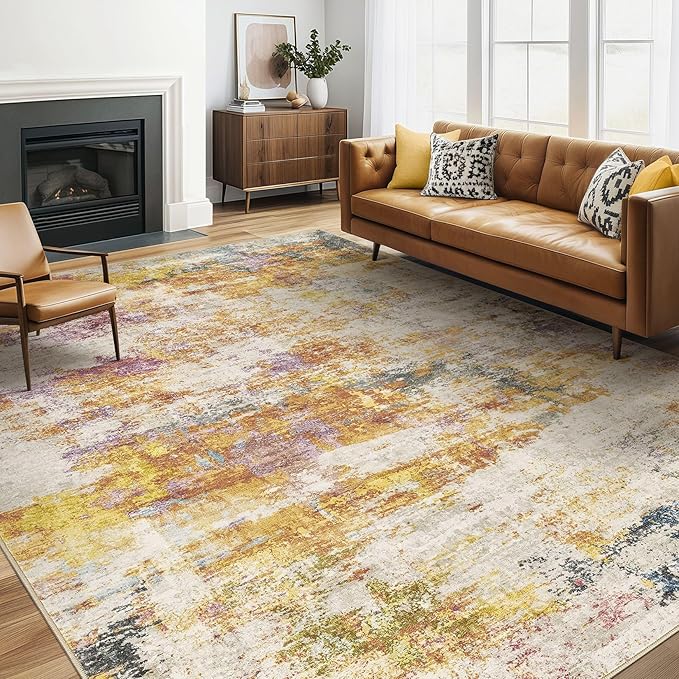 5x7 Area Rugs Living Room: Machine Washable Large Abstract Modern Soft Rug Stain Resistant Indoor Floor Non-Slip Accent Carpet for Bedroom Nursery Playroom Office Dining Room Dorm- Gold Colorful