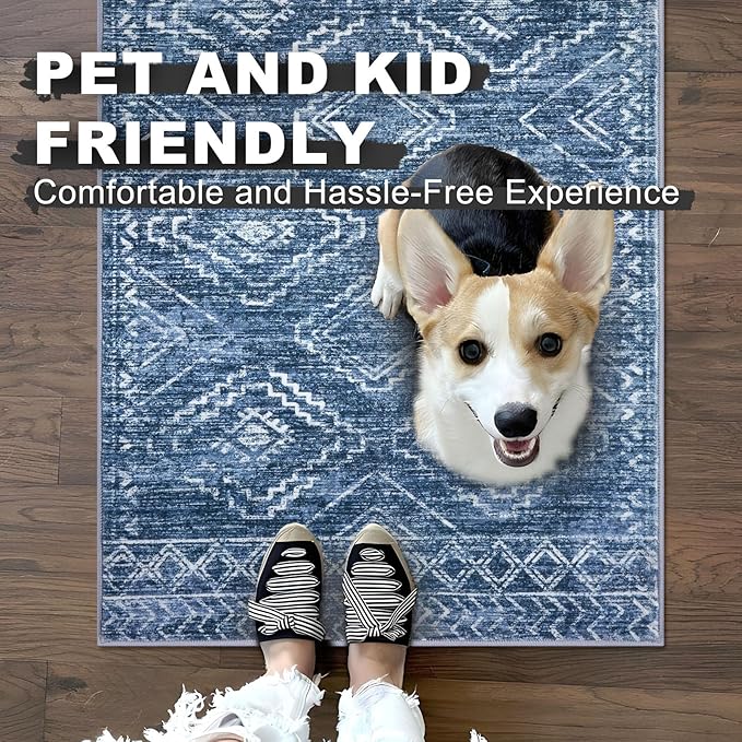 KILOCOCO Boho Entryway Rug 3x5 Area Rug Washable Non Slip Printed Throw Rugs Soft for Kitchen Living Room Dining Bedroom Geometric Moroccan Carpet, Stonewashed Blue